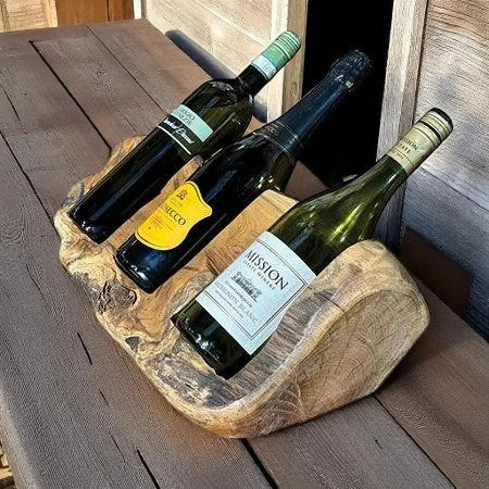 45cm Handcrafted Teak Root Triple Wine Holder for 3 Bottles