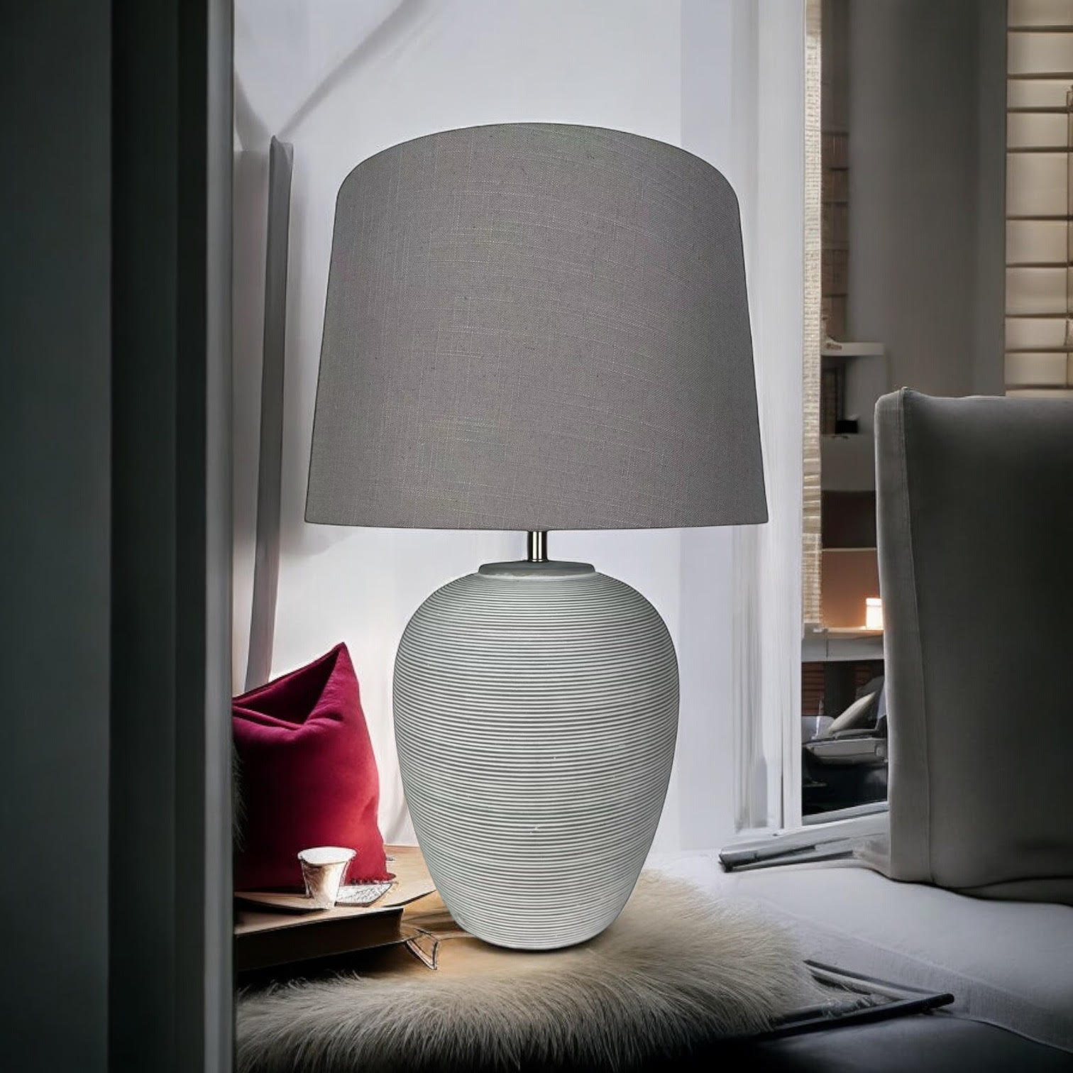 MSL 32cm Traditional Ceramic Table Lamp Base and Shade with Inline Rocker Switch, Double Insulated
