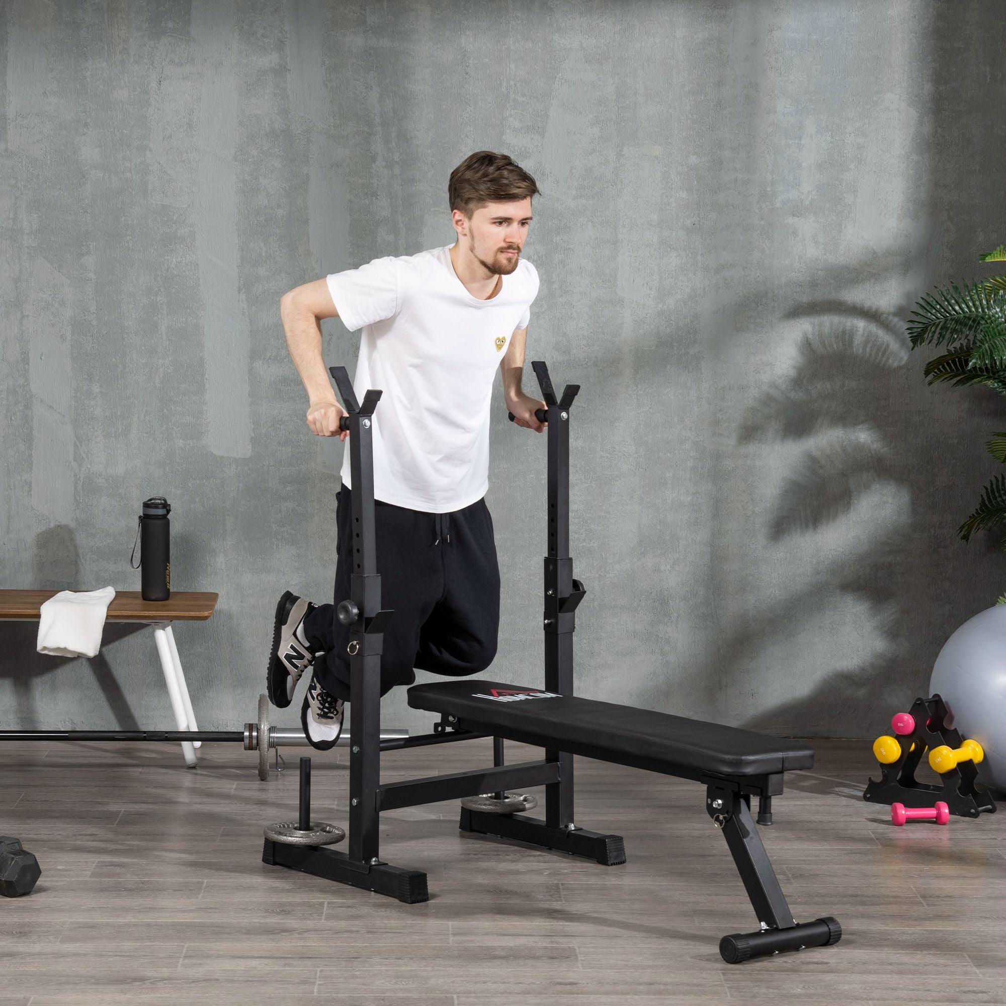 HOMCOM Adjustable Weight Bench with 8-Position Barbell Rack, Dip Station and Folding Design, Black