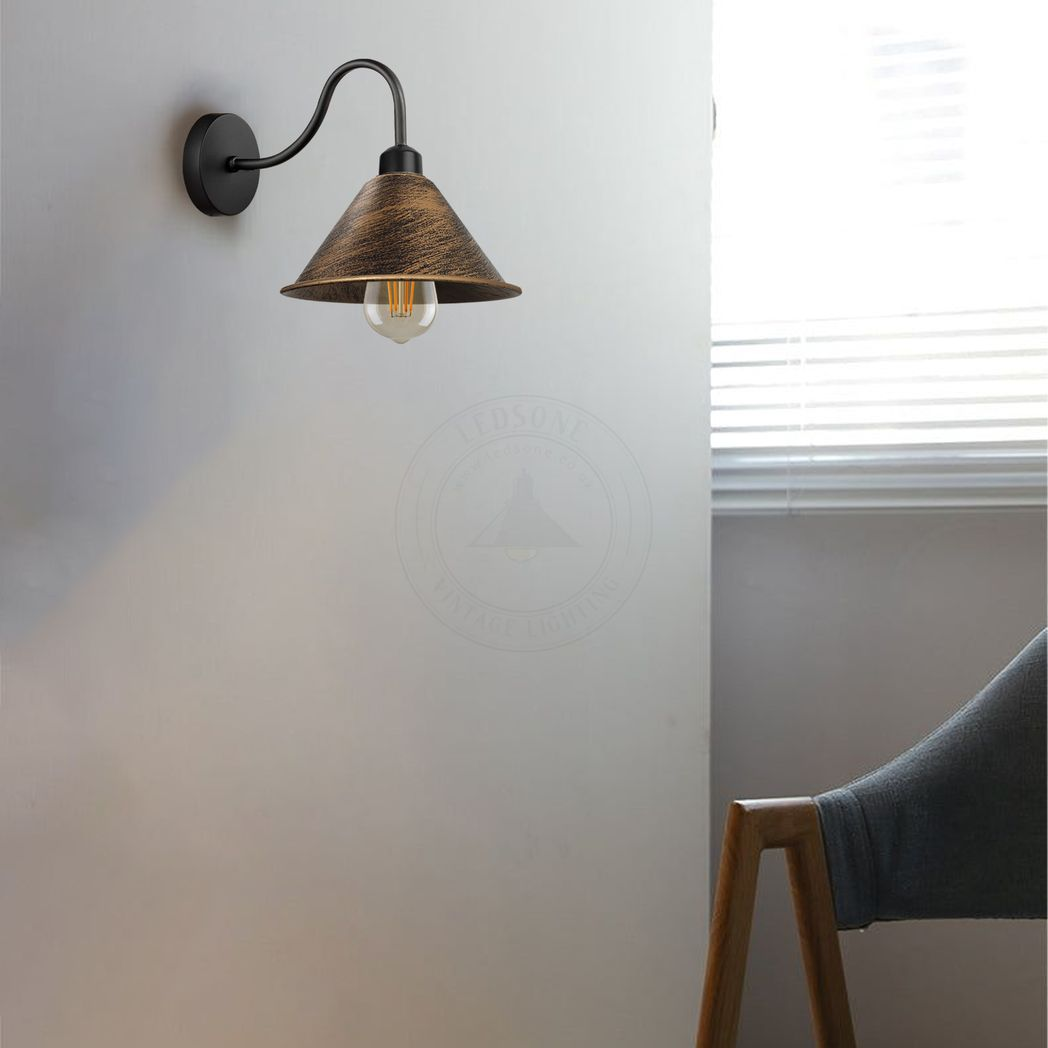 Vintage Brushed Copper Wall Sconce, Black Cone Shade, E27 Base