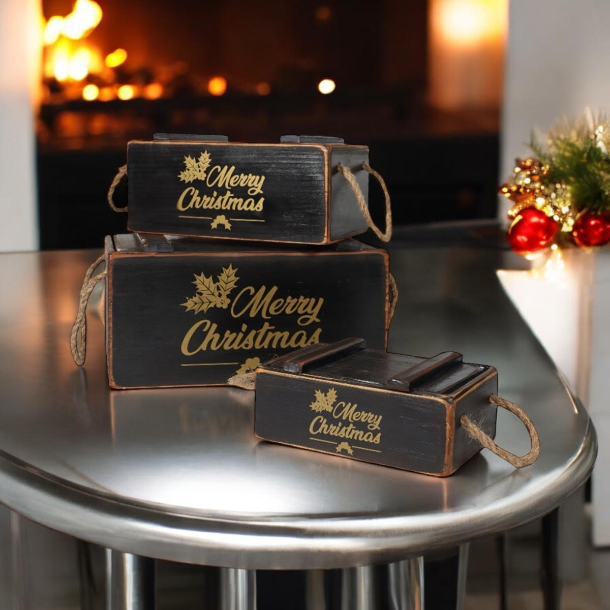 MSL Set of 3 Black Wooden Christmas Boxes with Lids, Hand Finished