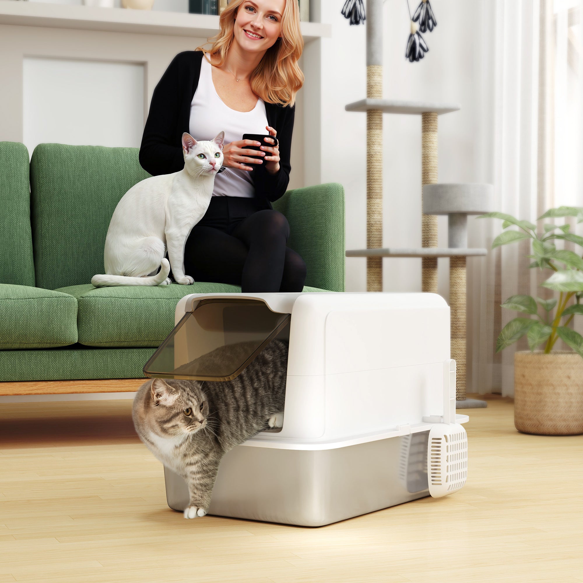 PawHut Stainless Steel Enclosed Cat Litter Box with Built-In Sand Filter and Scoop, White