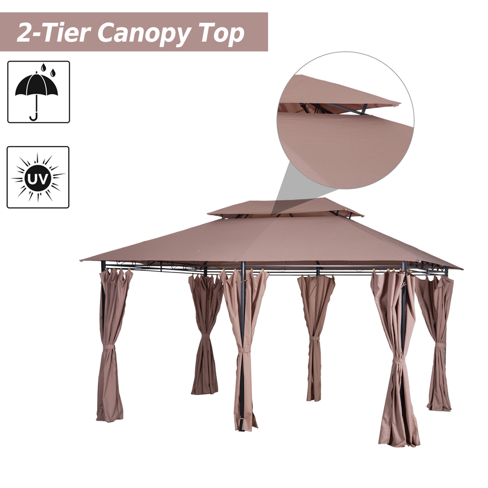Outsunny 4m x 3m Steel Frame Garden Pavilion Gazebo with Two-Tier Roof and Curtains Khaki