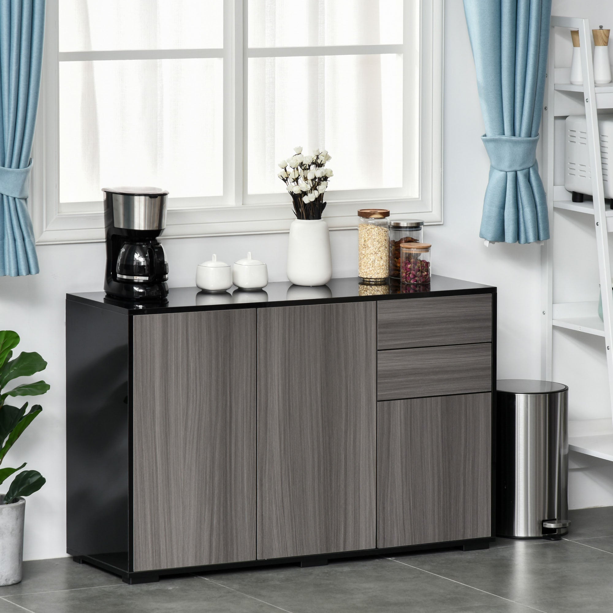 Side Cabinet with 2 Doors and 2 Drawers, Freestanding Home Office Storage Cabinet, Grey Black