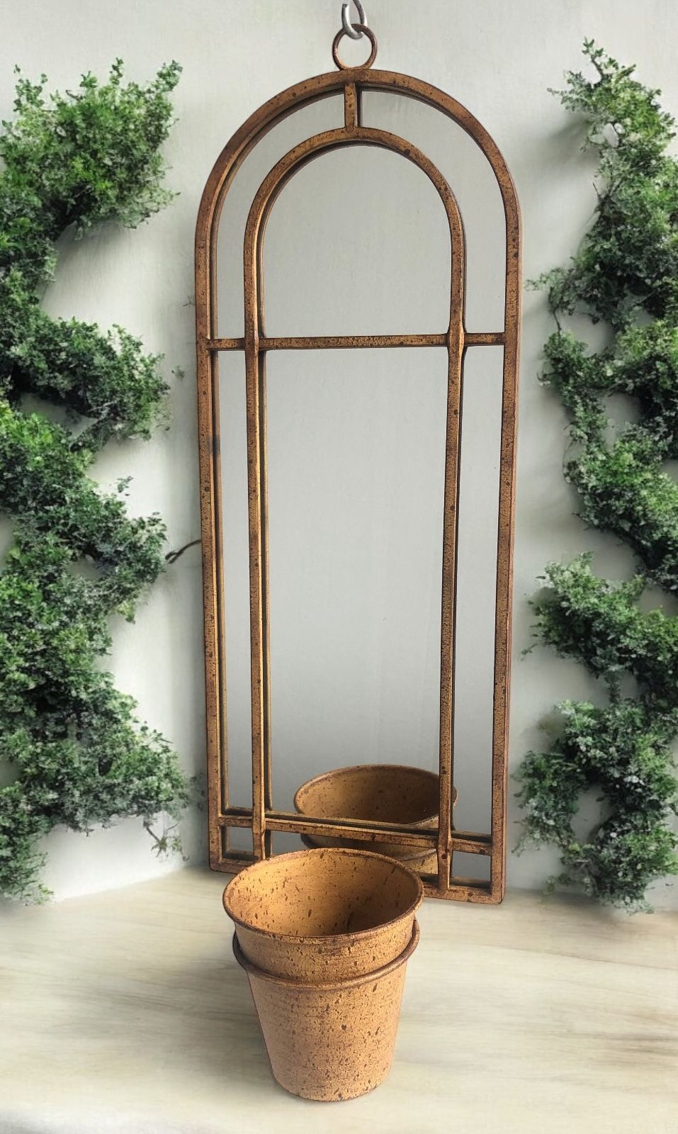 MSL 64cm Decorative Metal Wall Mirror with Single Planter and Pot, Antique Finish