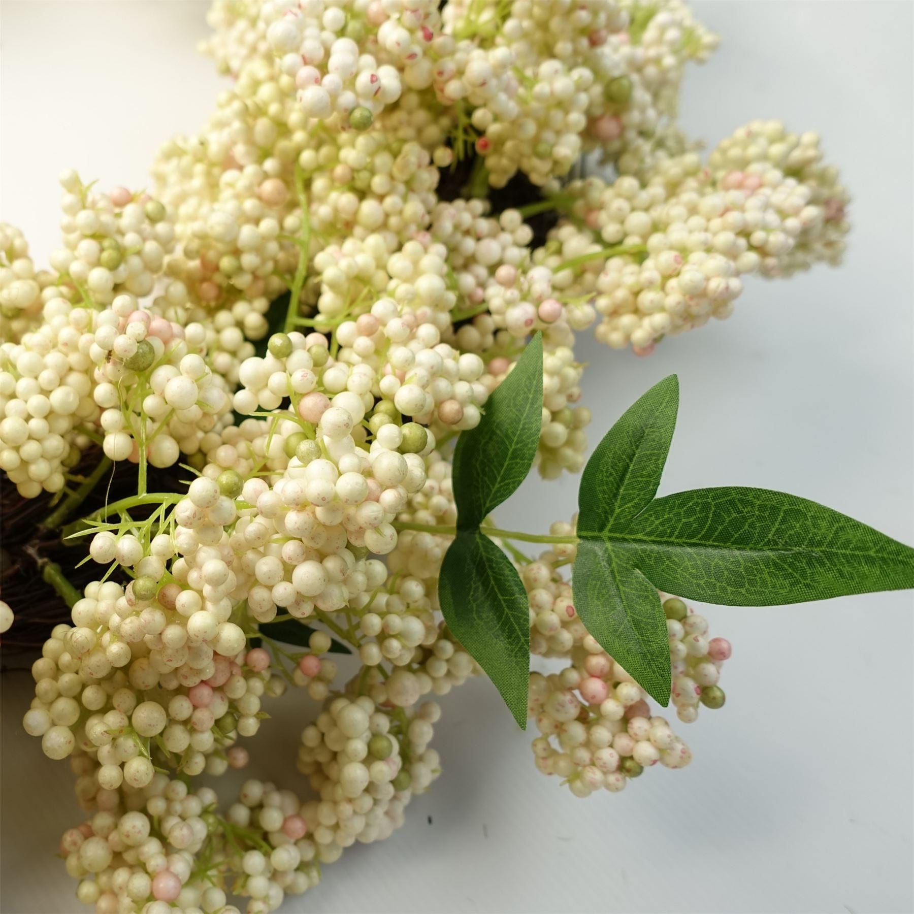 Leaf 55cm Artificial Hanging White Berry Wreath, 60cm Diameter, 45cm Woven Base