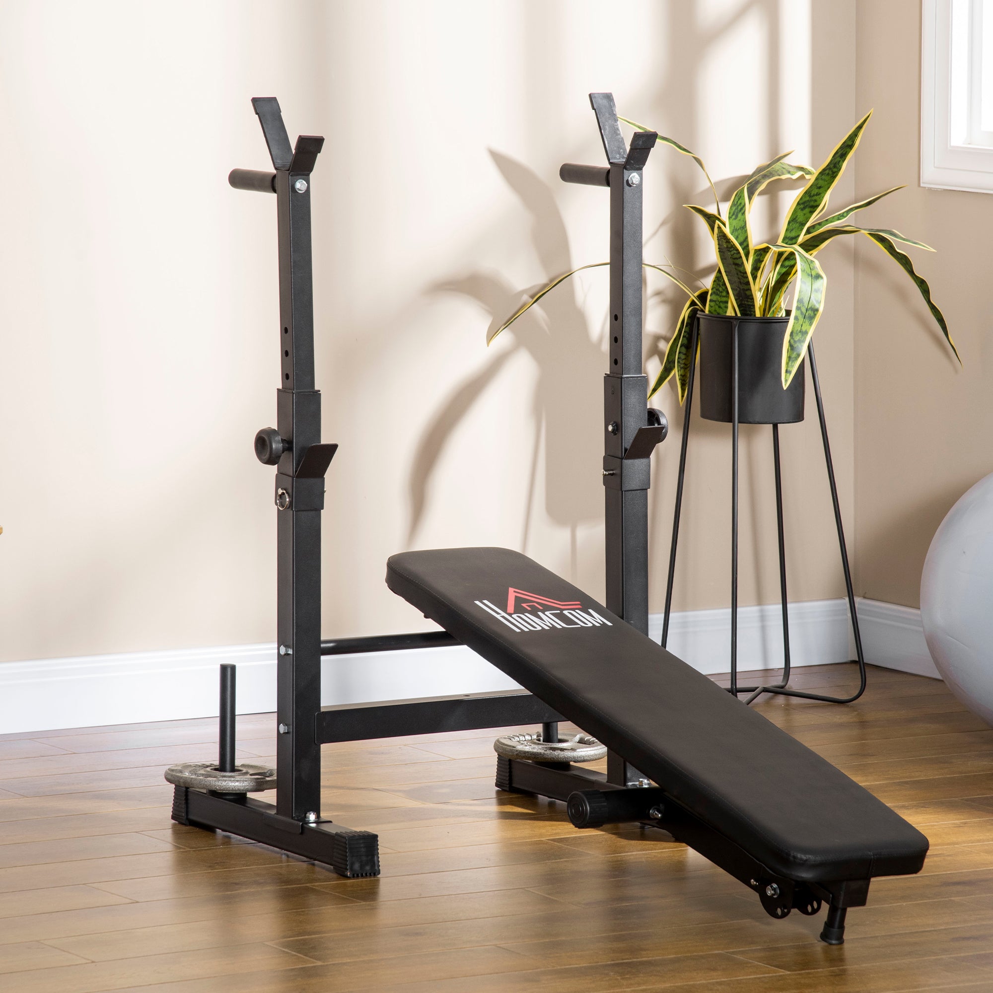 HOMCOM Adjustable Weight Bench with 8-Position Barbell Rack, Dip Station and Folding Design, Black