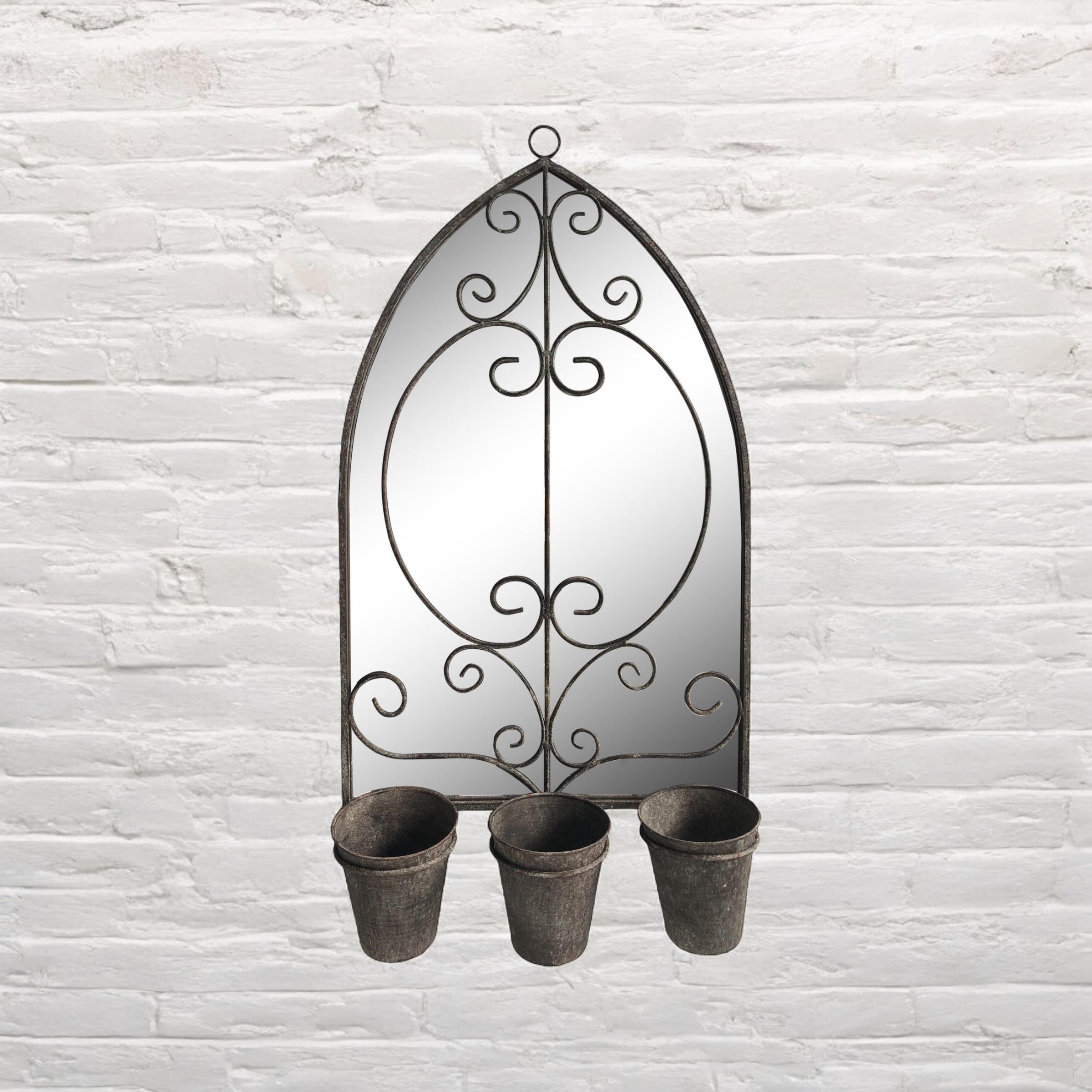 73cm Rusty Wall Mirror with Triple Planter Holders and Pots