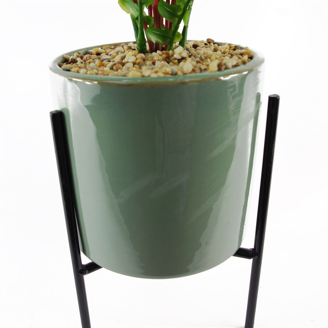 Leaf 40cm Artificial Fern Plant in Ceramic Green Planter with Metal Stand