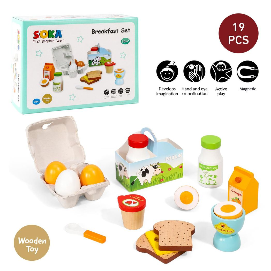SOKA Wooden Breakfast Play Set for Dolls, Pretend Food Toy with Eggs, Milk, Juice, Toast, Jam and Cheese