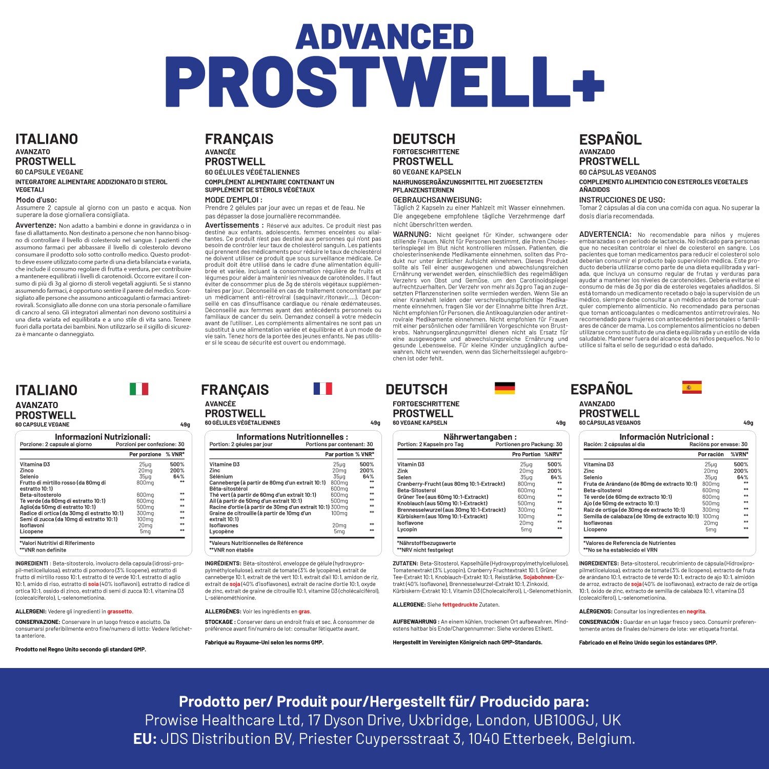 Advanced Prostwell Plus 60 Vegan Capsules with Beta Sitosterol, Pumpkin Seed, Nettle Root and Lycopene by Prowise Healthcare