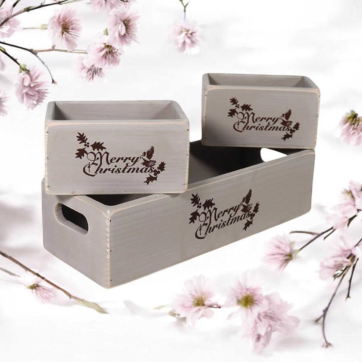 MSL Set of 3 Rustic Grey Wooden Christmas Boxes