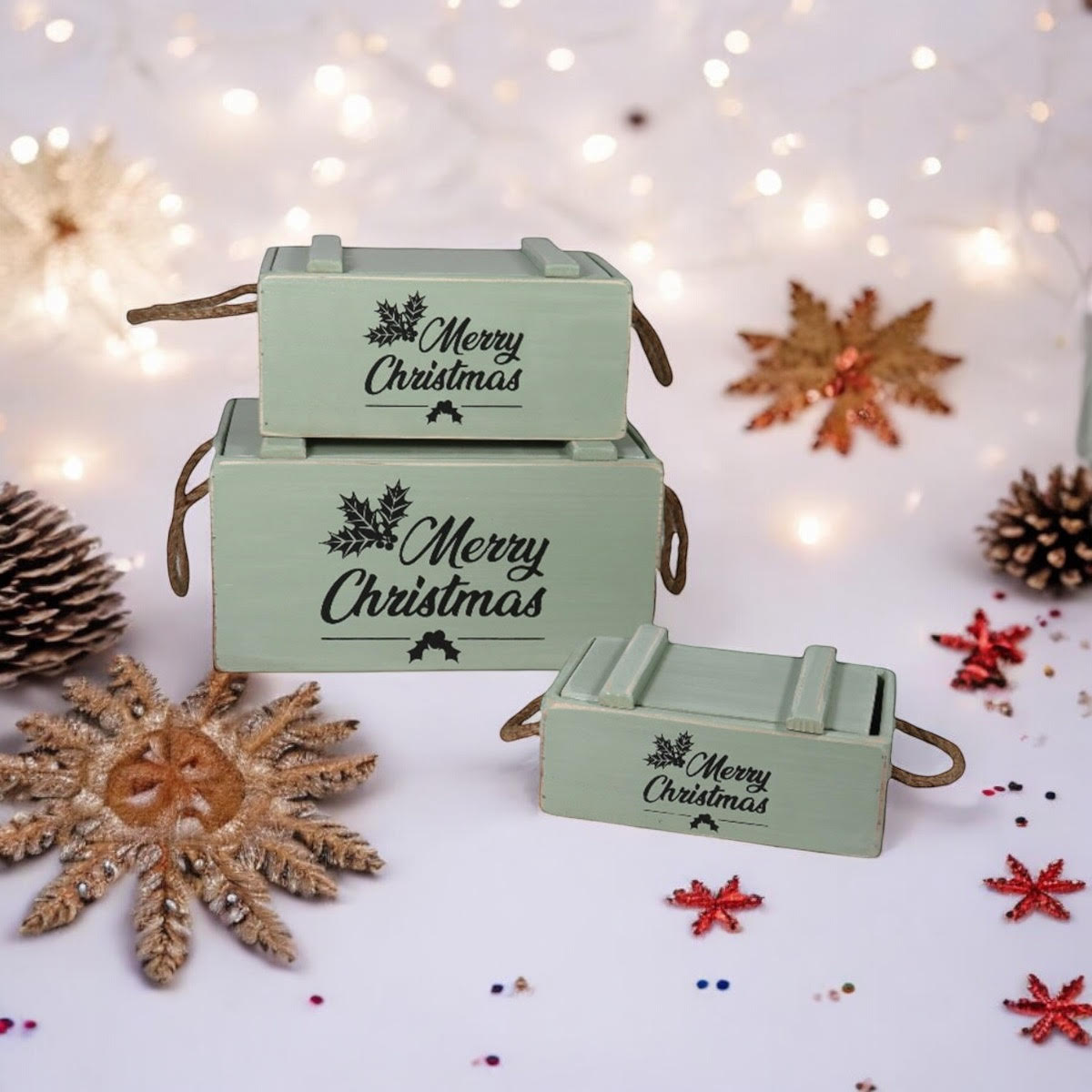 MSL Set of 3 Rustic Green Wooden Christmas Crates with Lids and Rope Handles, Hand Finished