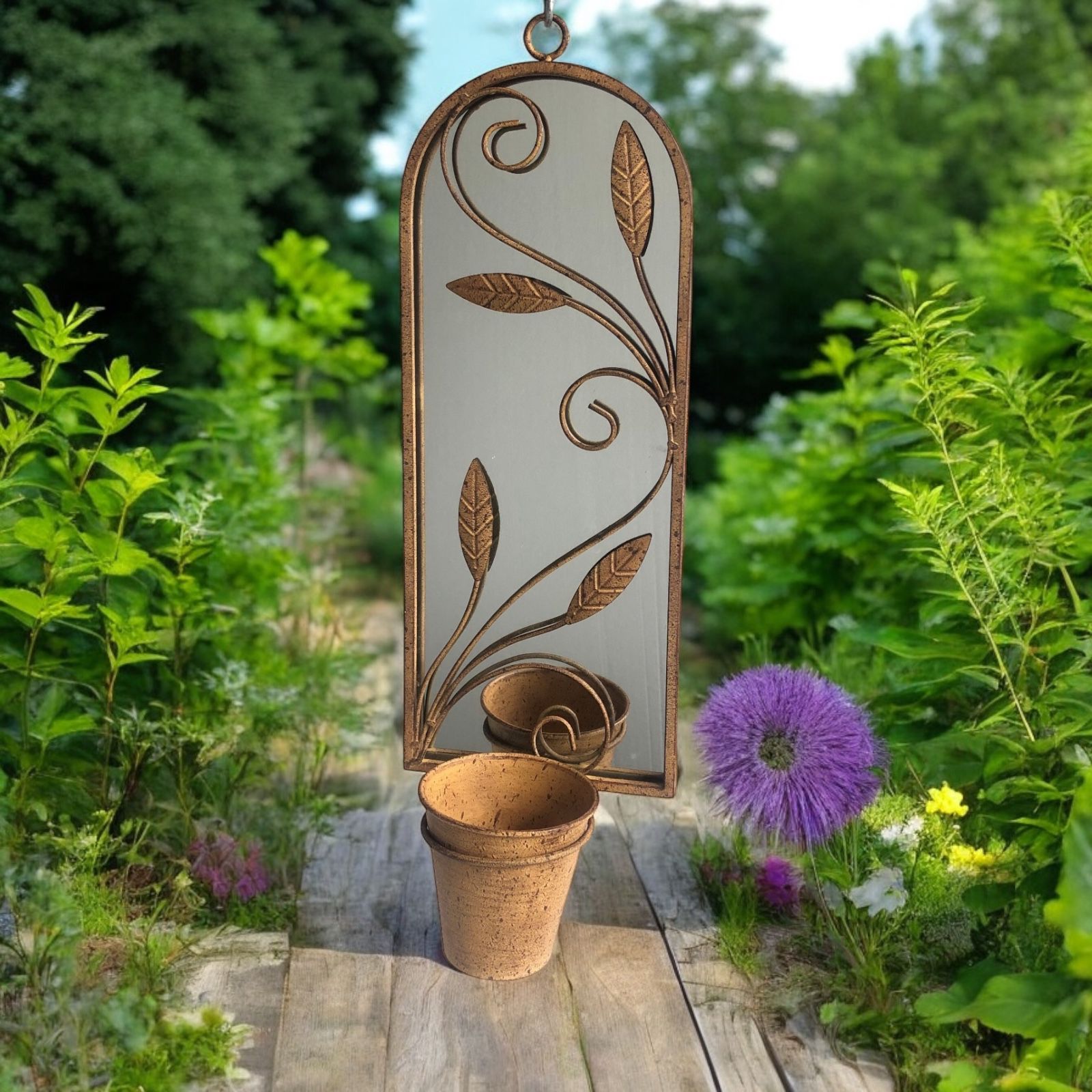 MSL 56cm Antique Finish Metal Wall Mirror with Plant Holder and Pot