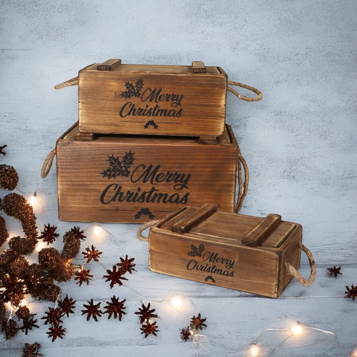 Set of 3 Hand Finished Wooden Christmas Boxes with Lids