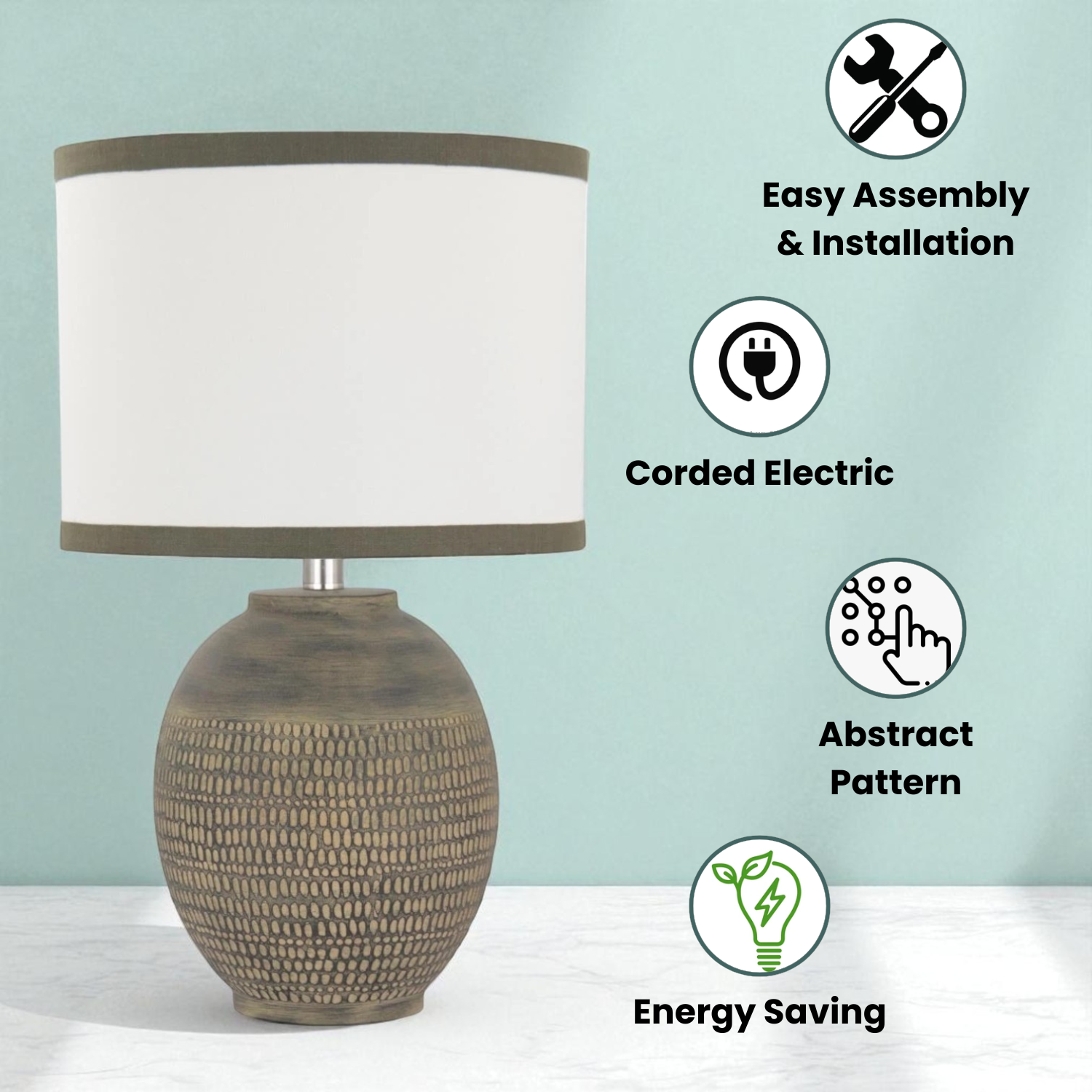 57cm Traditional Ceramic Table Lamp with Shade, Inline Rocker Switch, Double Insulated