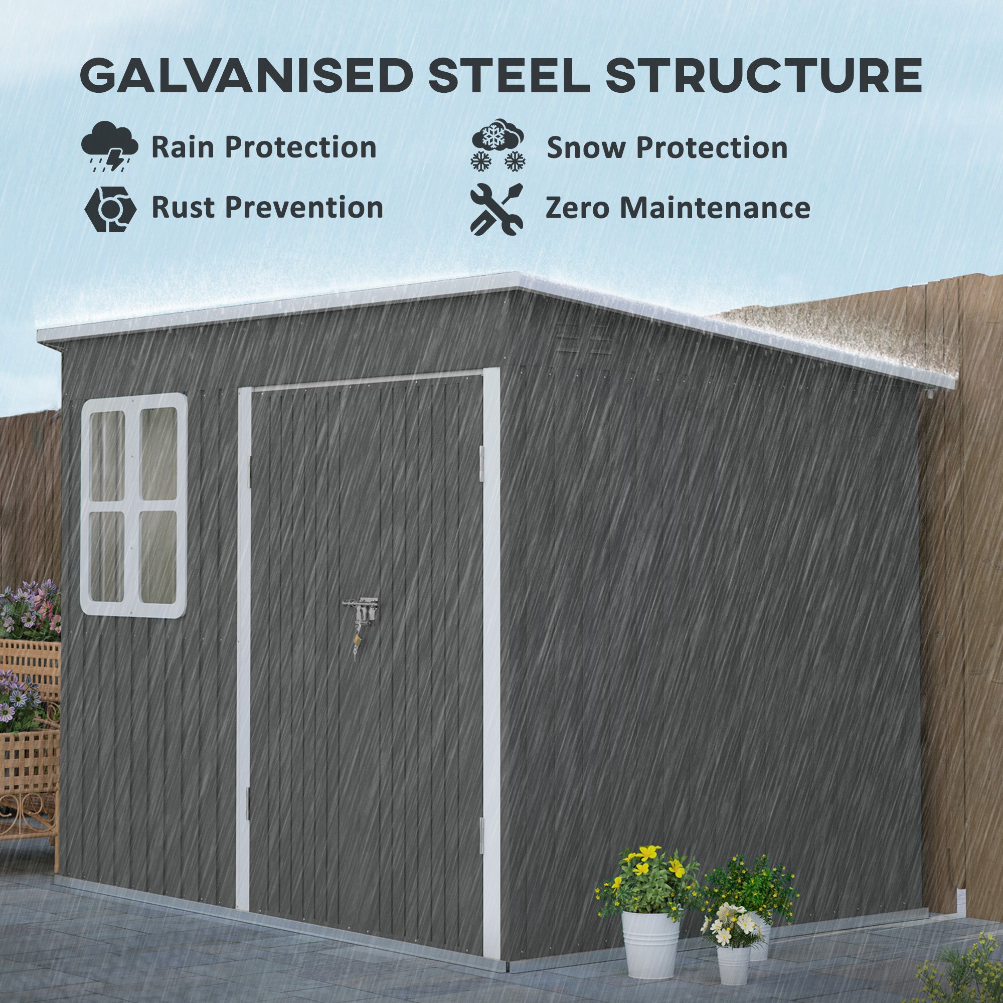 Outsunny Galvanised Steel Garden Shed with Foundation Kit, Dark Grey