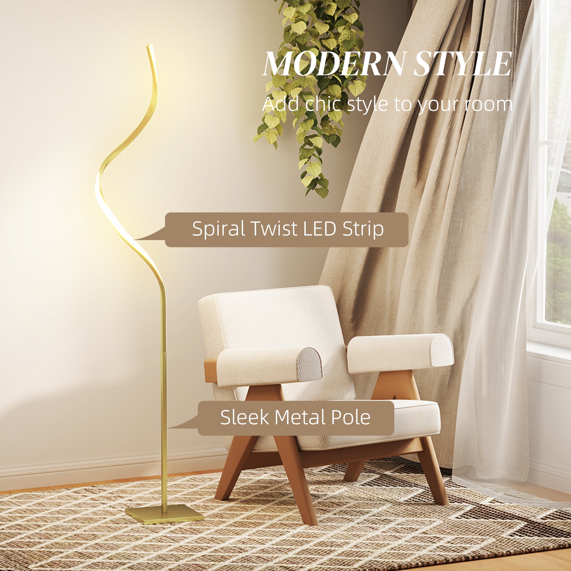HOMCOM LED Floor Lamp, Standing Lamp with 3 Adjustable Brightness, Gold Tone