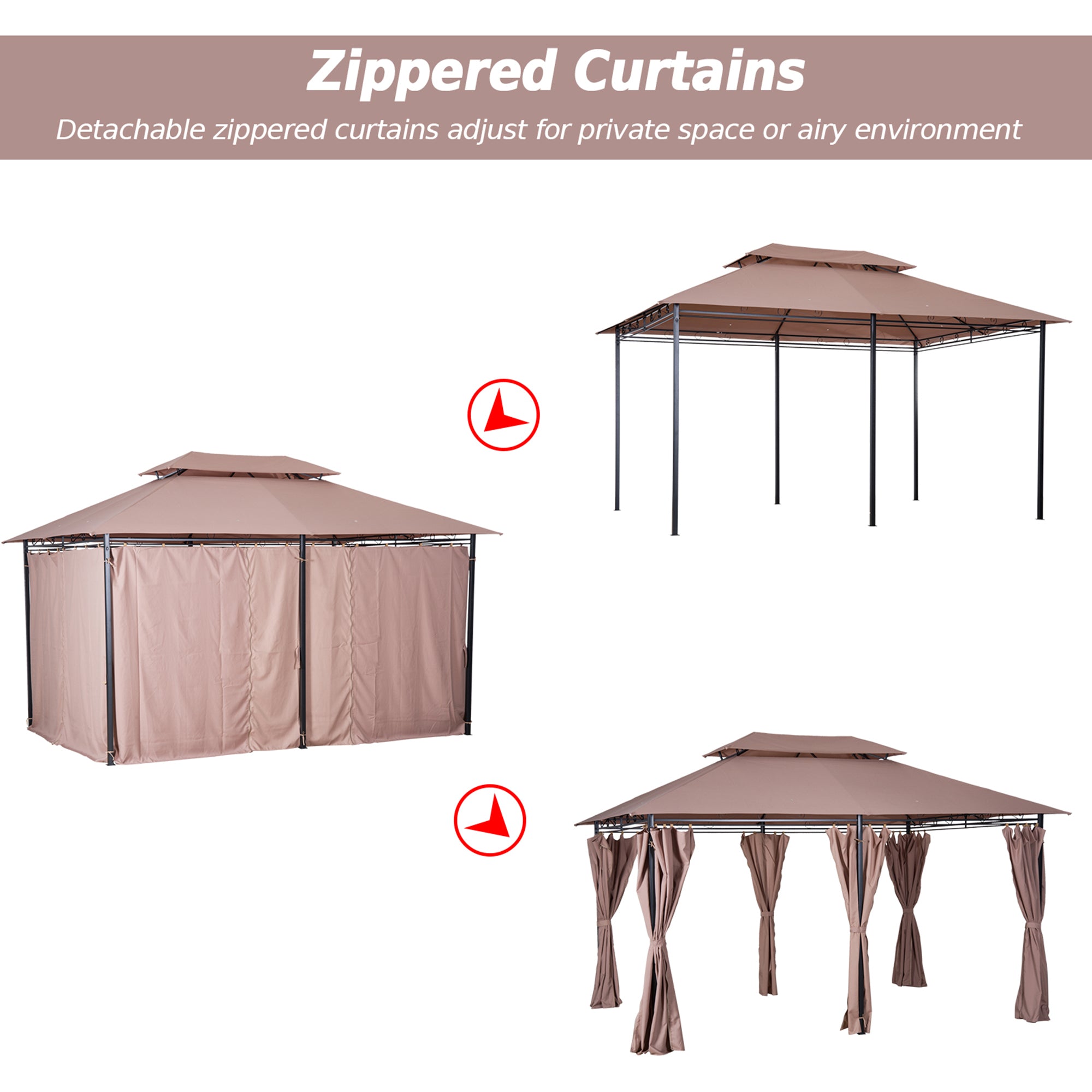 Outsunny 4m x 3m Steel Frame Garden Pavilion Gazebo with Two-Tier Roof and Curtains Khaki