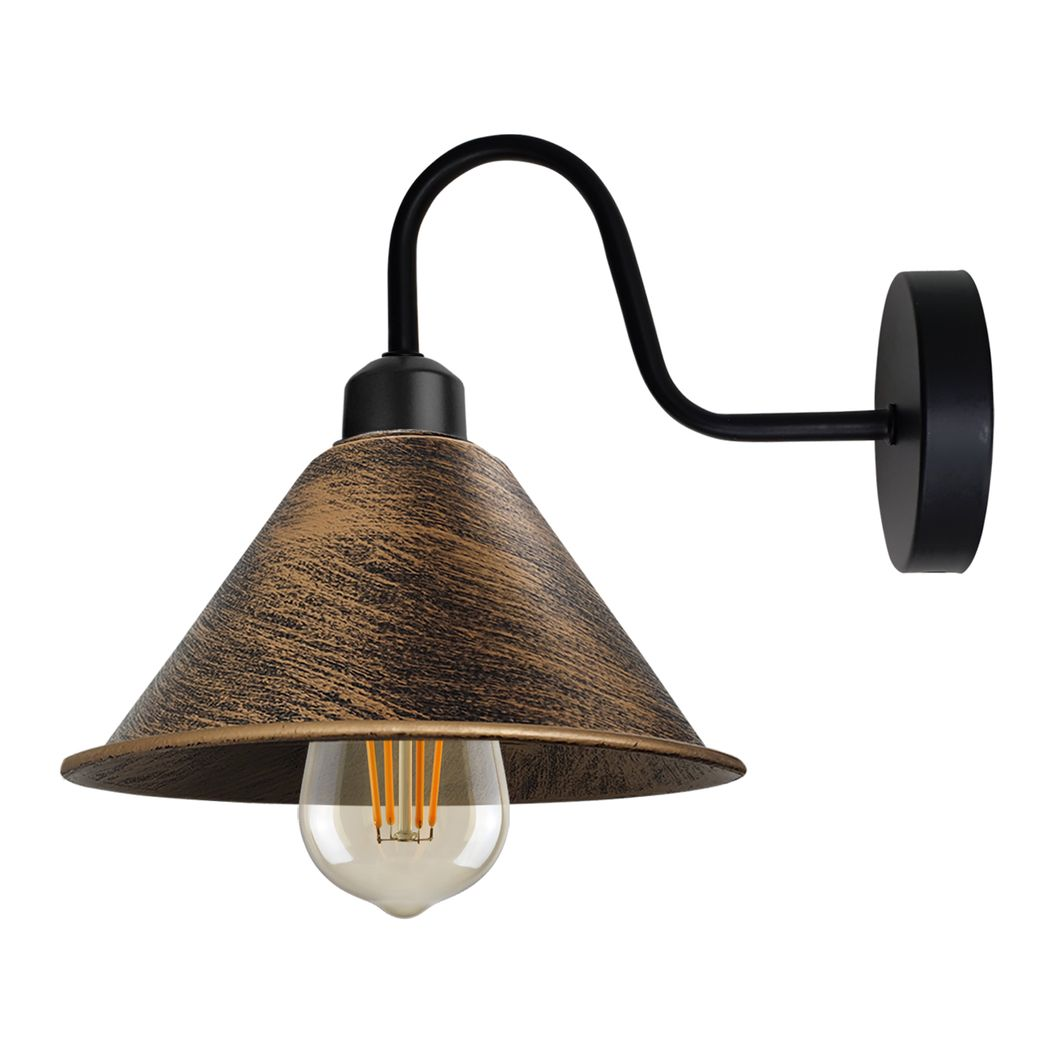 Vintage Brushed Copper Wall Sconce, Black Cone Shade, E27 Base