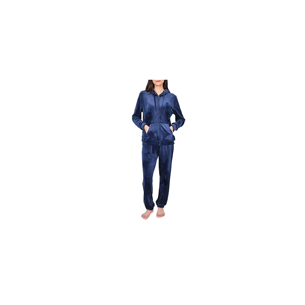 Women’s 2 Piece Velour Tracksuit Hooded Zip Up Top with Pockets and Elasticated Waist Joggers