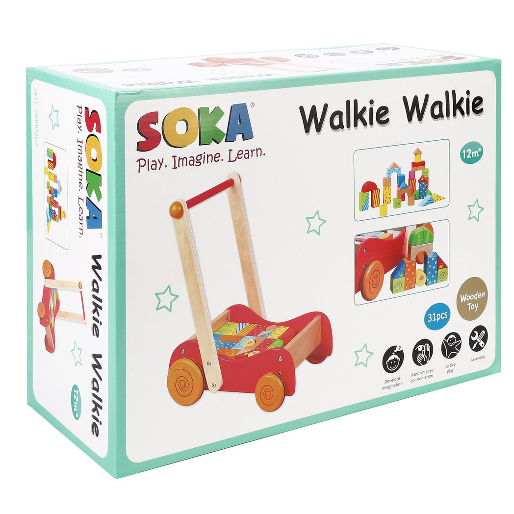 SOKA Play Imagine Learn Walkie Walkie Walker with 30 Colourful Wooden Blocks and 4 Non-Slip Rimmed Wheels