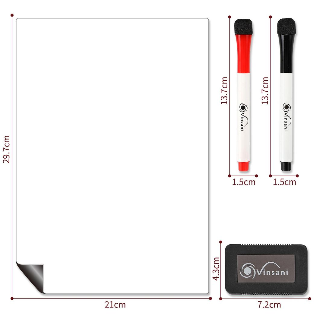 Vinsani A4 Magnetic Whiteboard with 2 Magnetic Dry Pens and Eraser Block