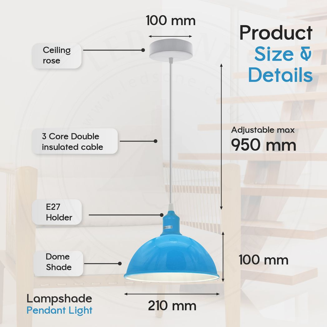 2 Pack Blue Dome Metal Pendant Lamp Shades, Inner White, E27