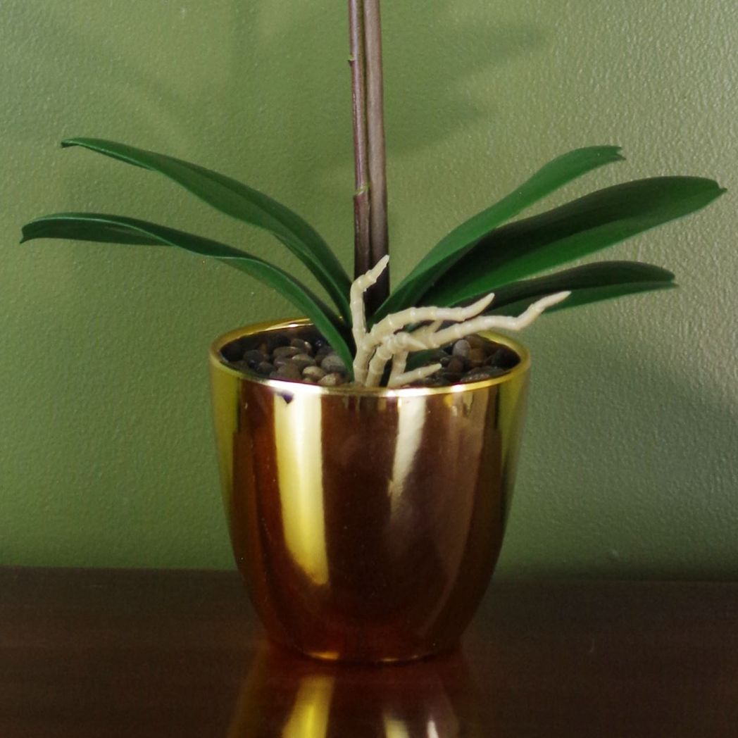 Leaf 48cm Artificial Harlequin Orchid, Pink, in Gold Decorative Pot