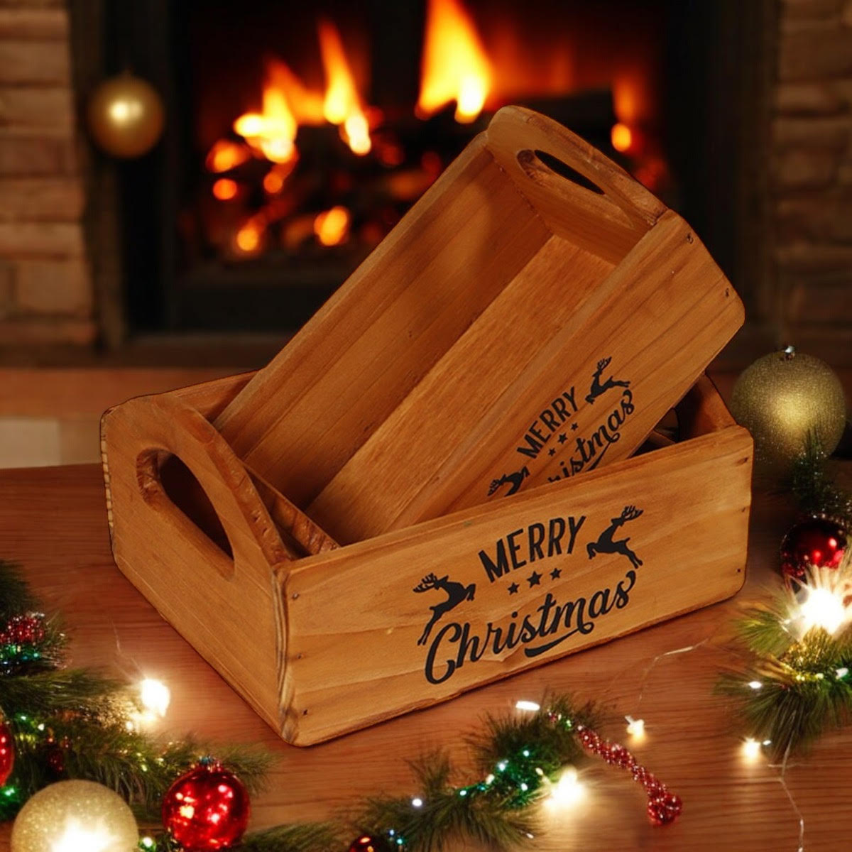 Set of 2 Hand Finished Wooden Christmas Boxes for Santa Treats