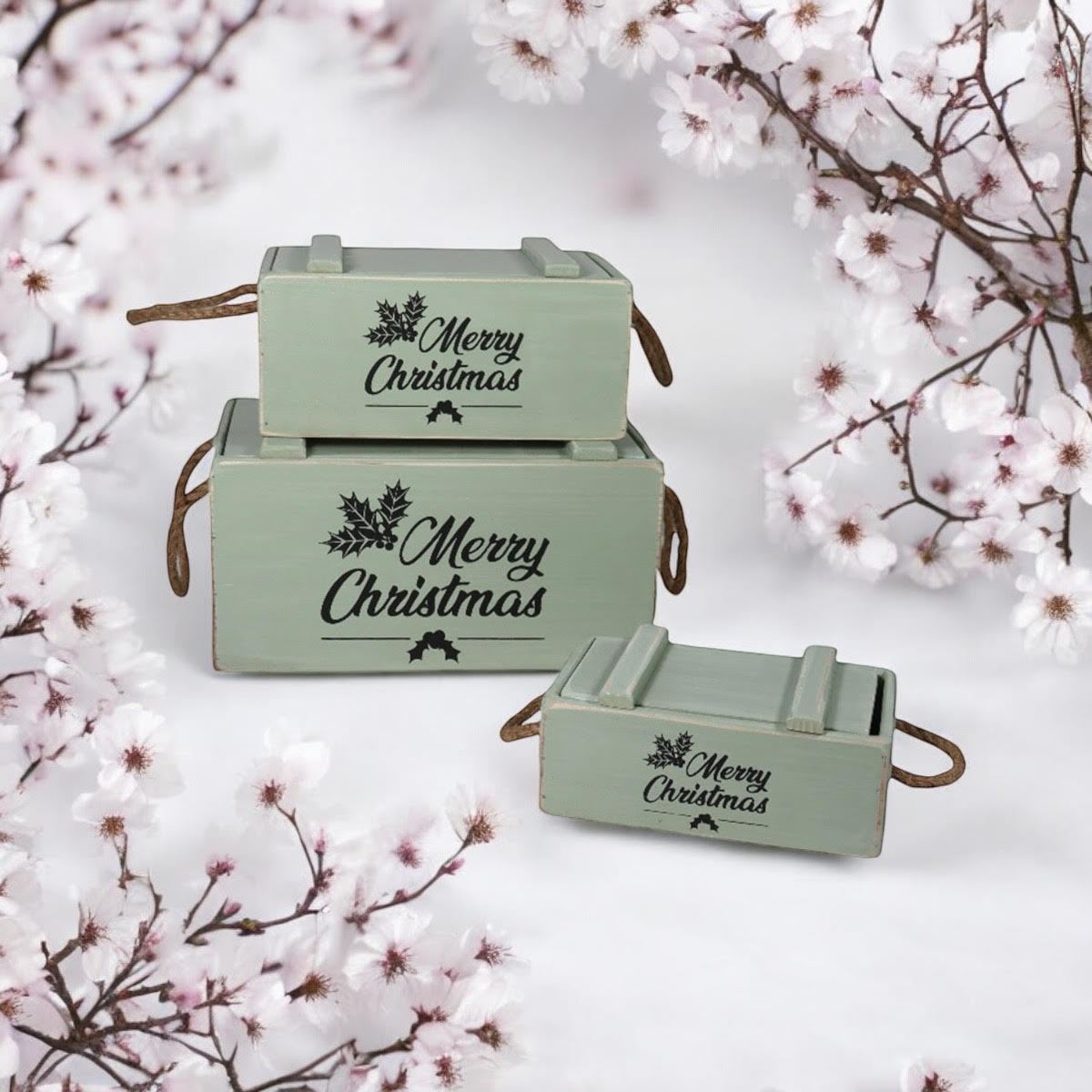 MSL Set of 3 Rustic Green Wooden Christmas Crates with Lids and Rope Handles, Hand Finished