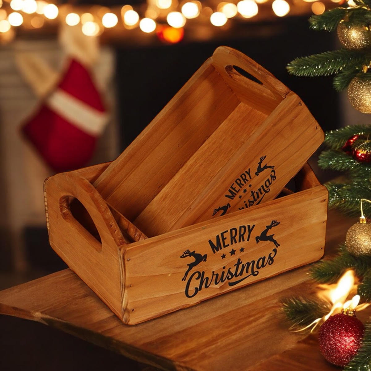 Set of 2 Hand Finished Wooden Christmas Boxes for Santa Treats