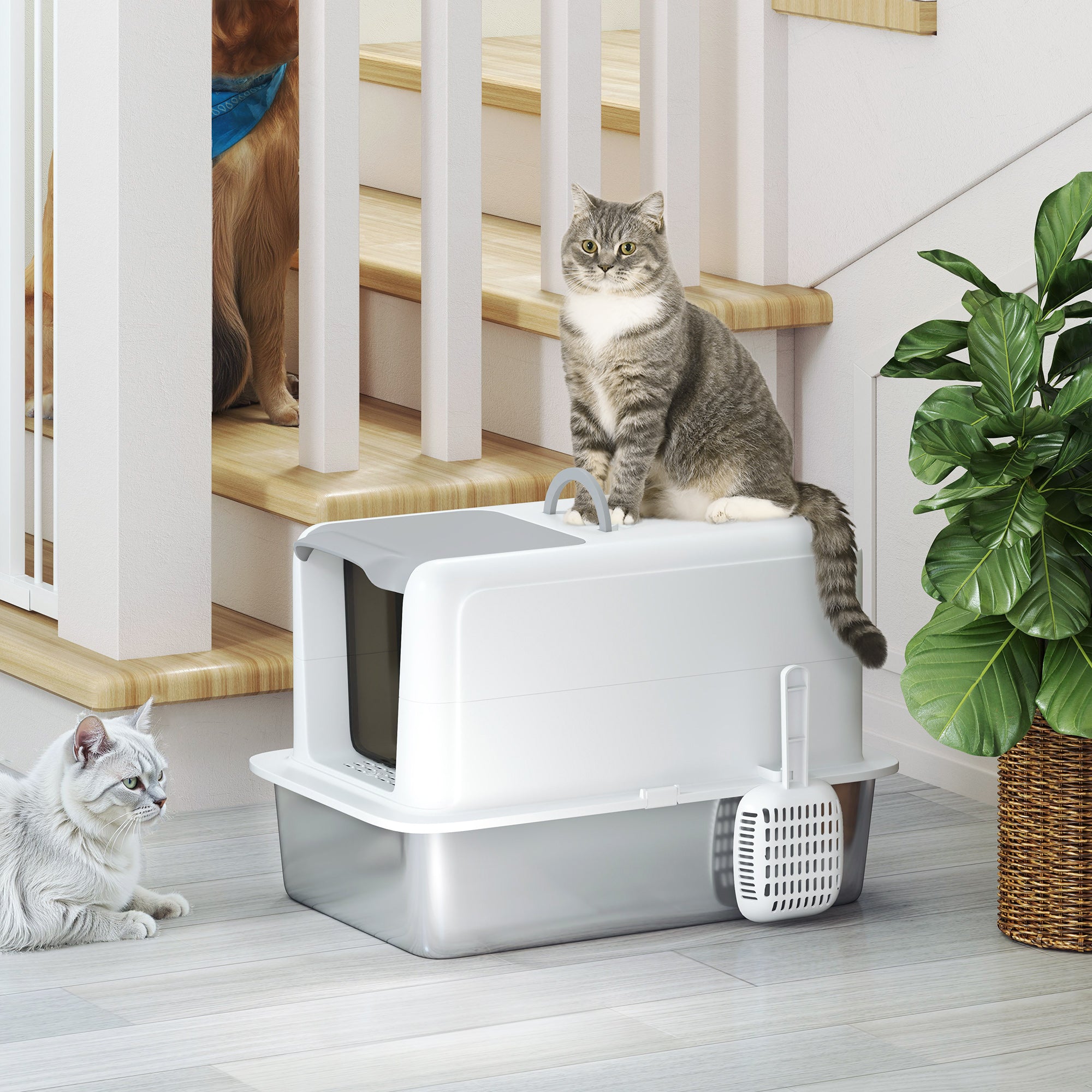 PawHut Stainless Steel Enclosed Cat Litter Box with Removable Lid and Scoop, White