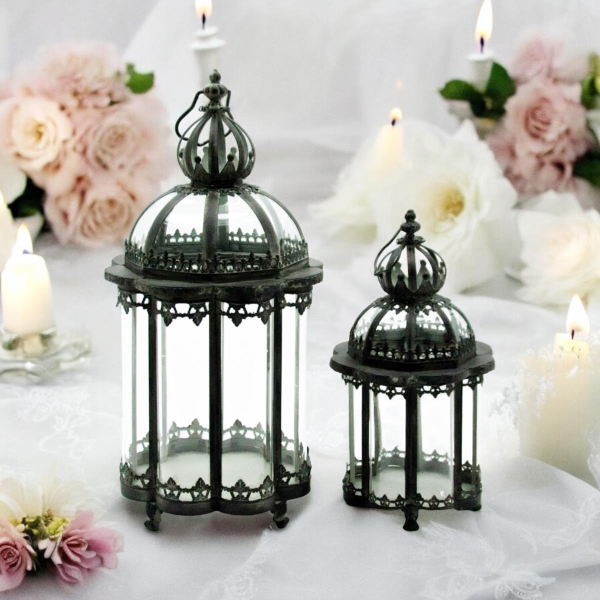 Set of 2 Grey Hand-Finished Metal Garden Lanterns 65/45cm