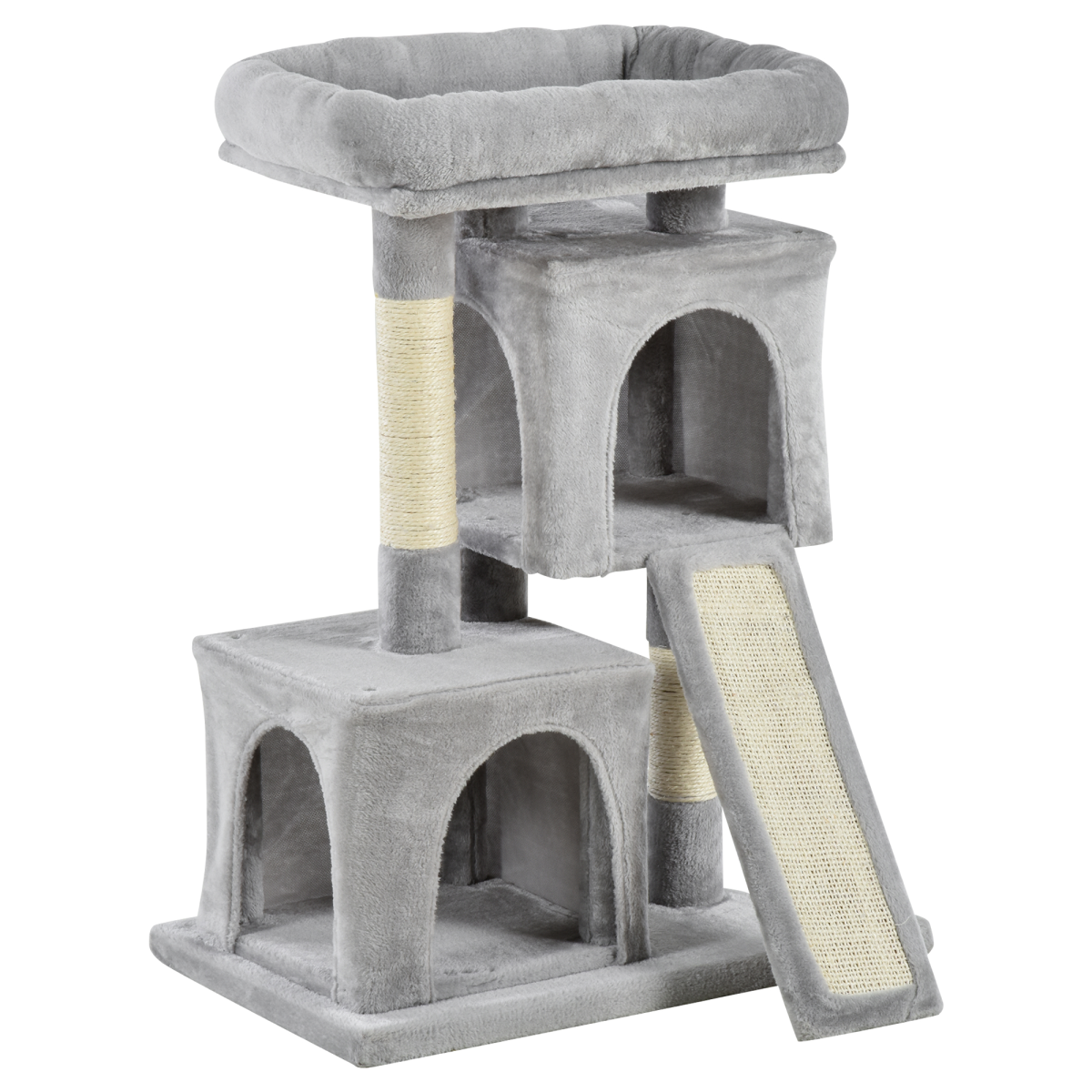 PawHut Cat Activity Tree with 2 Houses, Cushioned Top Perch, Sisal Scratching Posts, Grey