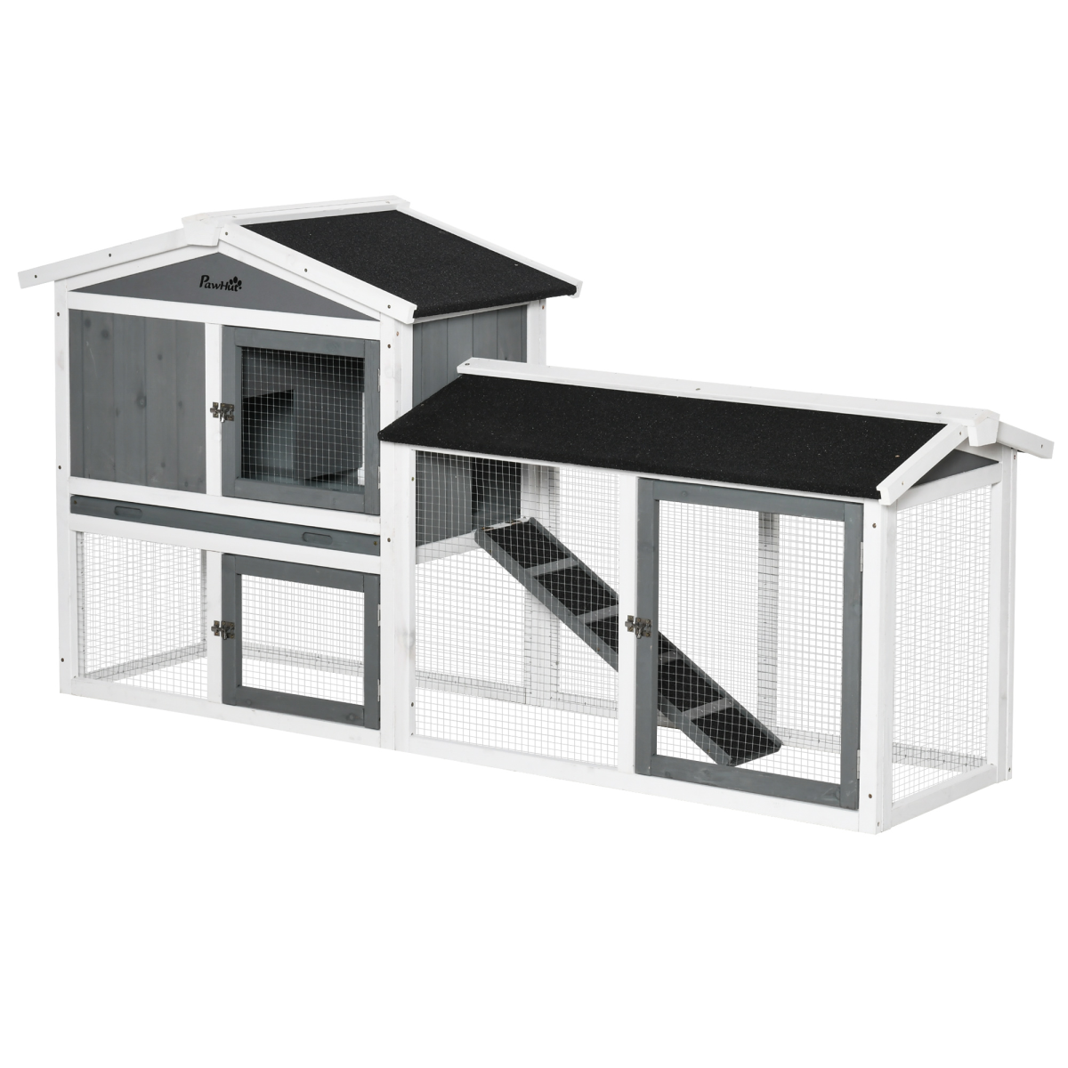 PawHut Two-Tier Wooden Rabbit Hutch with Run Box, Slide-Out Tray, Ramp, Outdoor Small Animal House