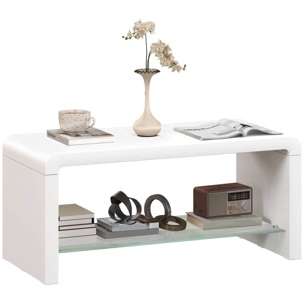 HOMCOM High Gloss White Curved Coffee Table with Glass Shelf