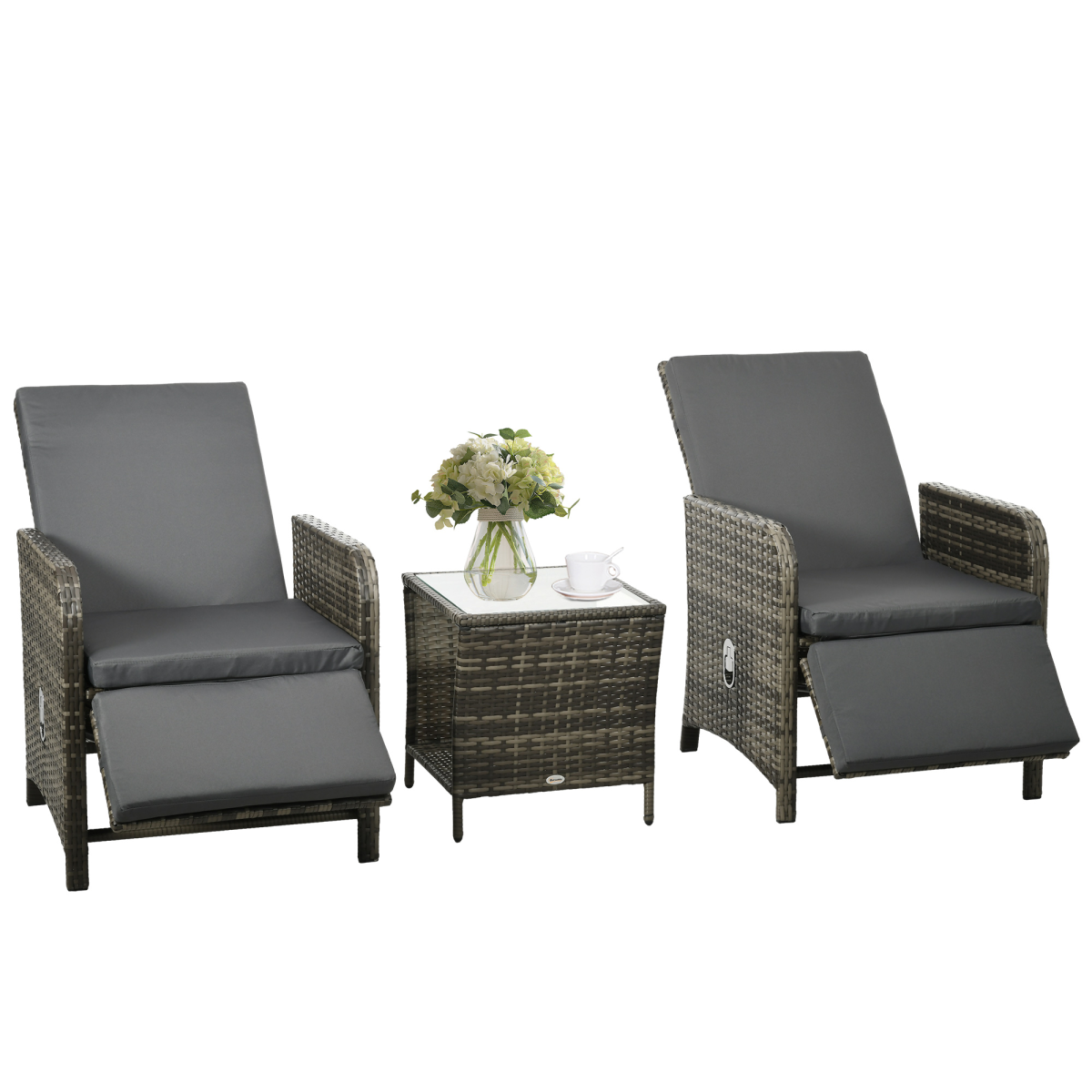 Outsunny 3-Piece Rattan Bistro Set with Adjustable Backrest and Footrest, Mix Grey