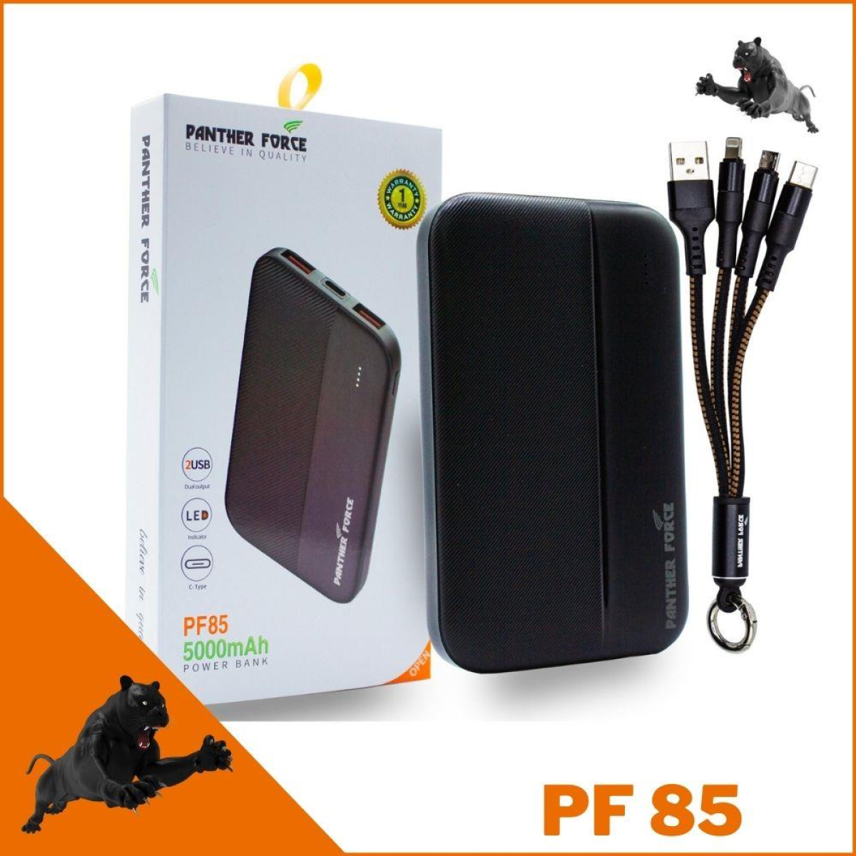Panther Force PF85 5000mAh Power Bank with 2 USB Outlets, LED Indicator, USB-C Input