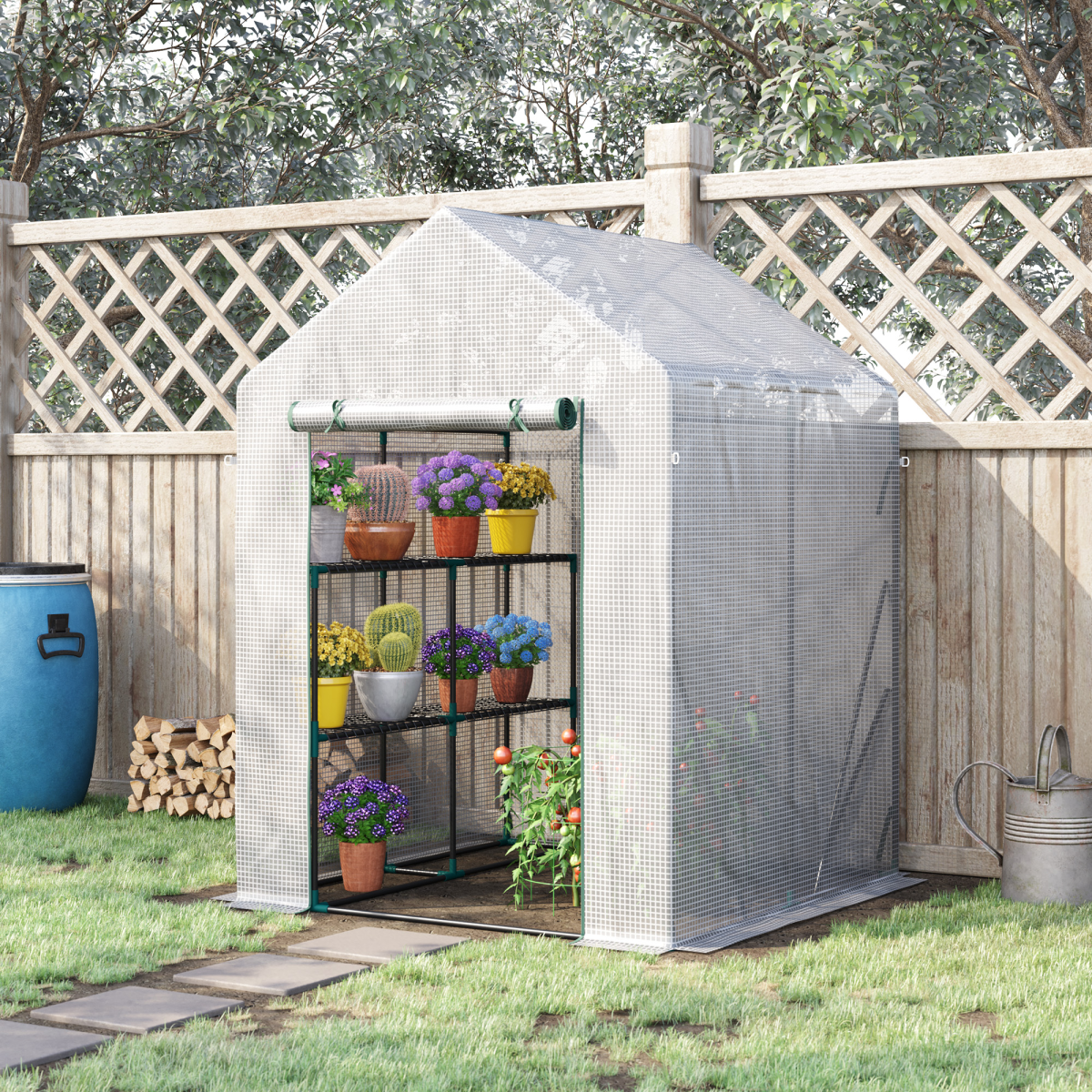 Mini Greenhouse with UV-Resistant PE Cover, Metal Shelves and Roll-Up Door