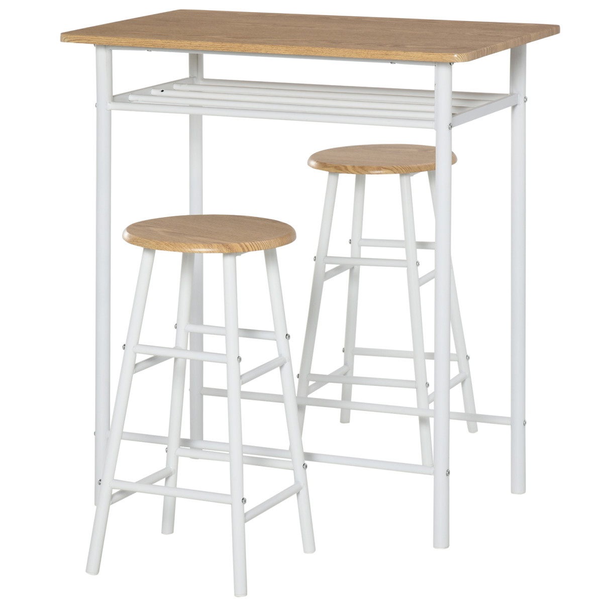 HOMCOM White and Oak 3-Piece Bar Height Dining Set with Table, 2 Stools and Shelf Storage