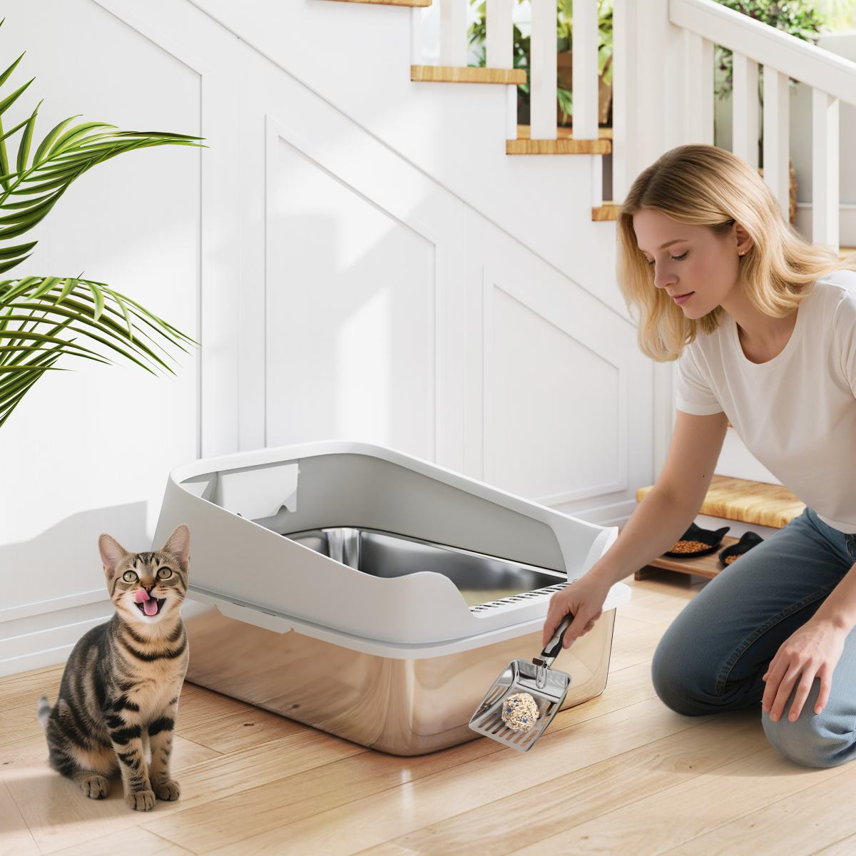 XXL Stainless Steel Cat Litter Box with Scoop
