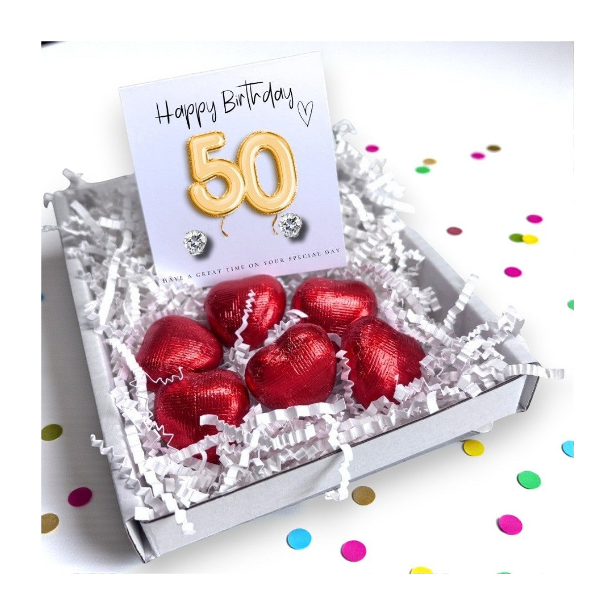 50th Birthday Cubic Zirconia Stud Earrings Gift Hamper with Milk Chocolate Hearts