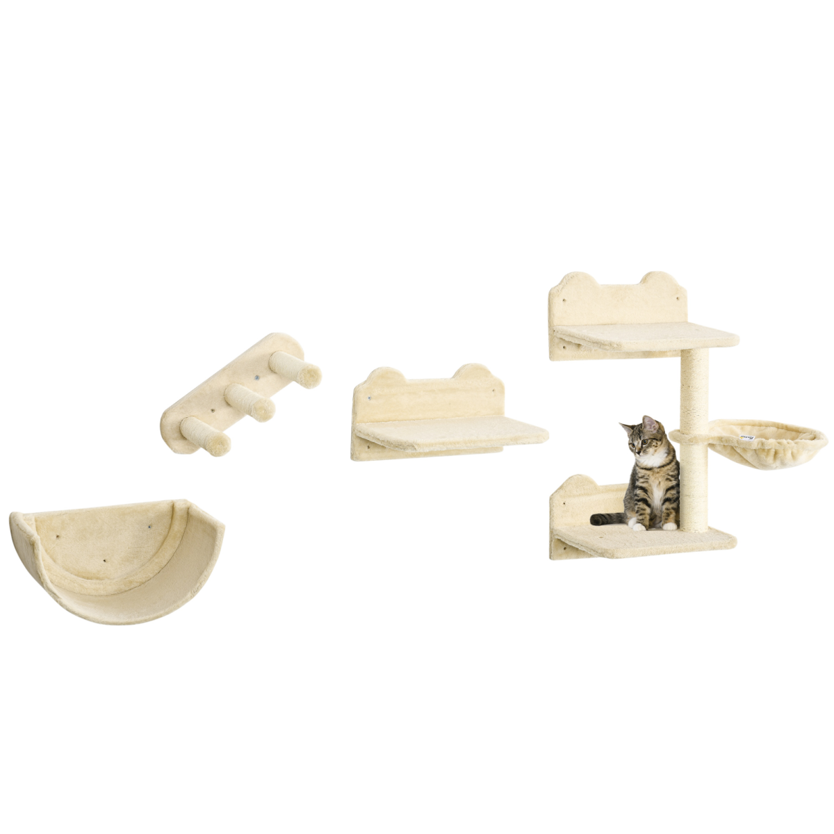 Wall-Mounted Cat Shelves with Hammock, Nest and Scratching Posts - Beige