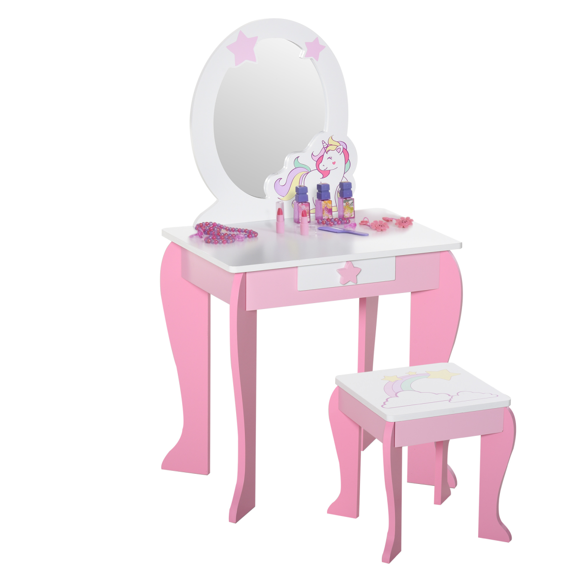 HOMCOM Kids Vanity Dressing Table Set with Mirror, Stool, Unicorn Design