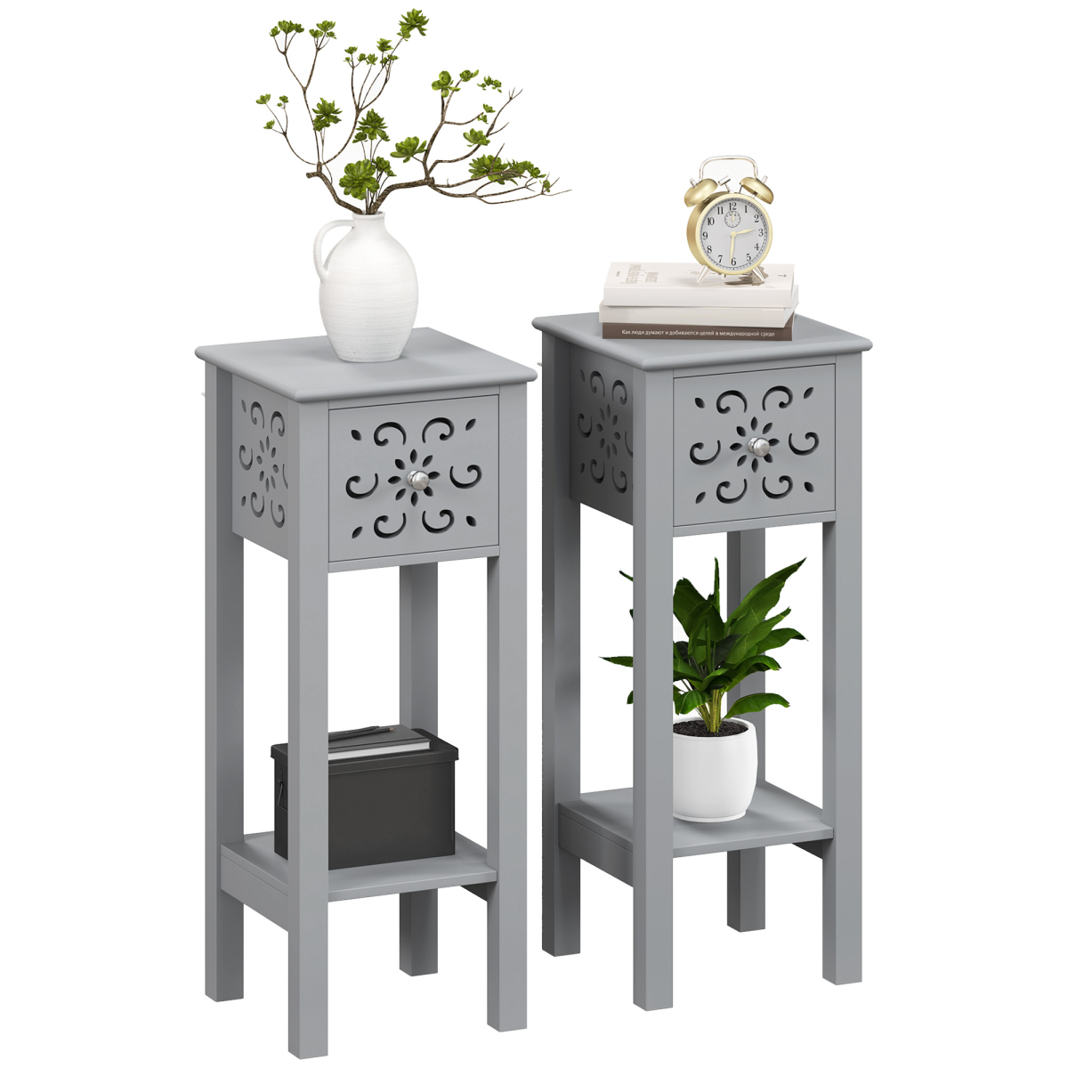 HOMCOM Set of 2 Grey MDF Floral Design Storage Units