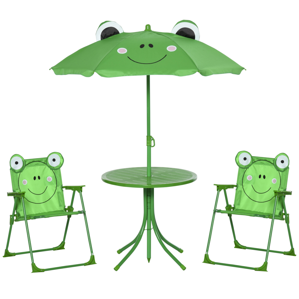 Foldable Kids Metal Patio Picnic Table Set with 2 Chairs and Parasol Umbrella, 4-Piece