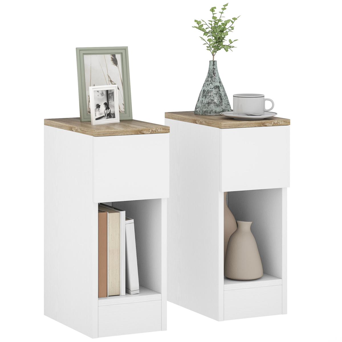 HOMCOM Set of 2 Bedside Tables with Drawer and Shelf, White