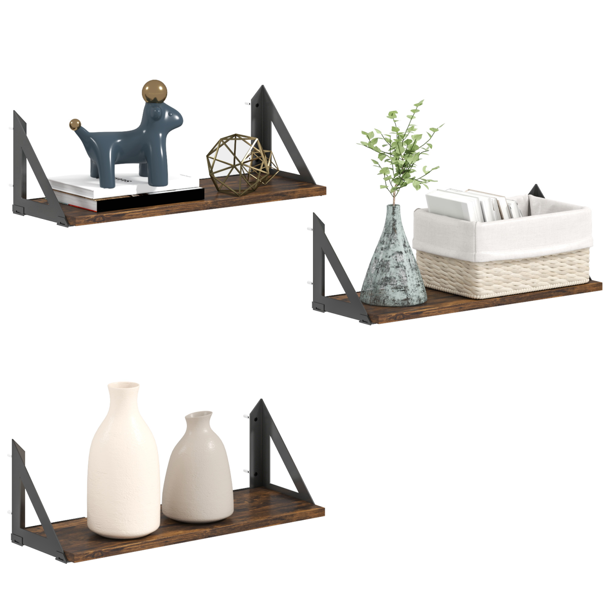 HOMCOM Set of 3 Vintage Wall Shelves, Rustic Brown