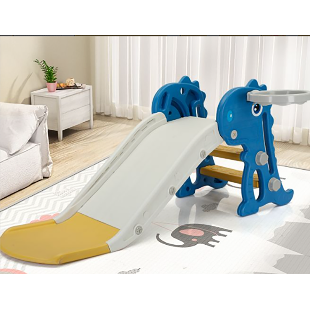 Toddler Indoor Slide for Ages 0-3, Easy Assembly Foldable Dinosaur Shape Slide with Basketball Hoop